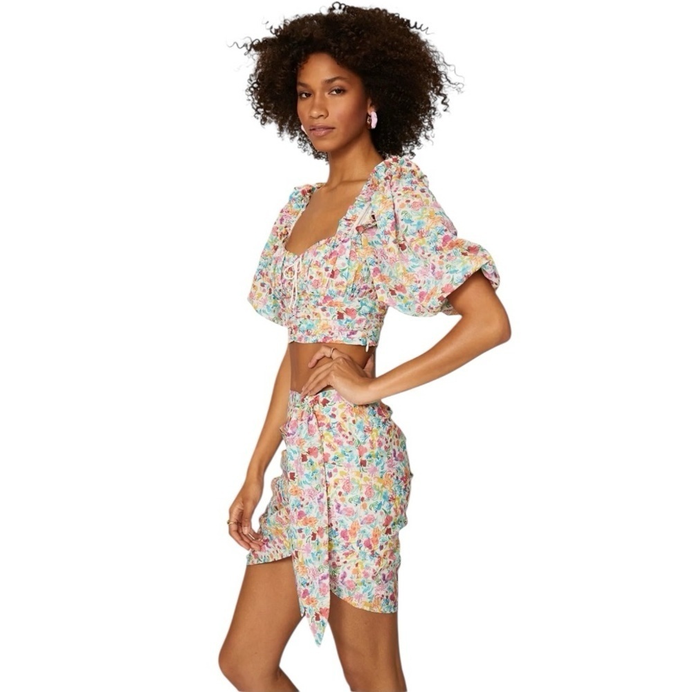 For Love And Lemons Gilles Mini Skirt Multicolor Floral Tie Sz S Party Vacation